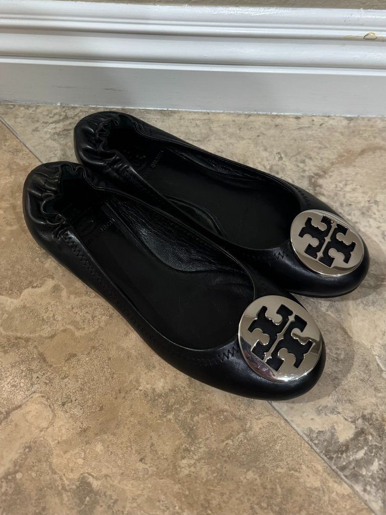 Tory Burch Reva Leather Ballet Flats Shoes BlackSilver Womens 50 5233